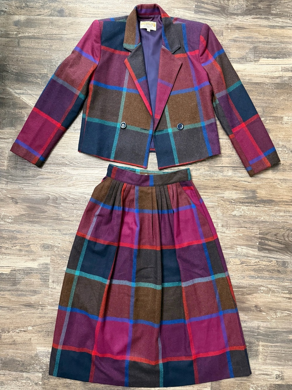 Vintage Plaid Two-Piece Wool Blend Multicolor Jacket Midi Pleated Skirt Suit